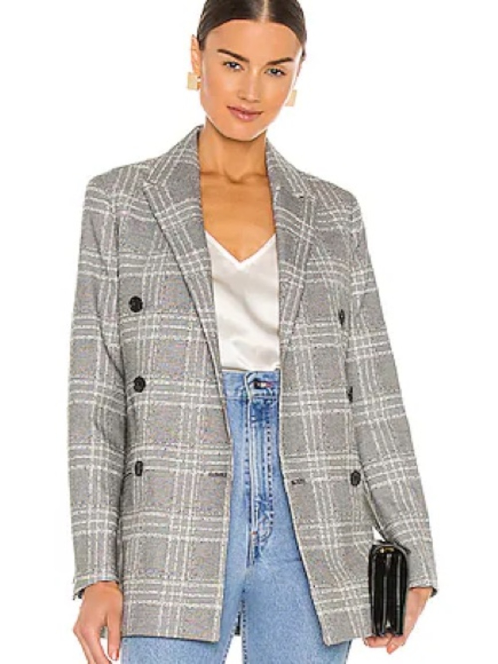 AllSaints Gray Plaid Double-Breasted Blazer